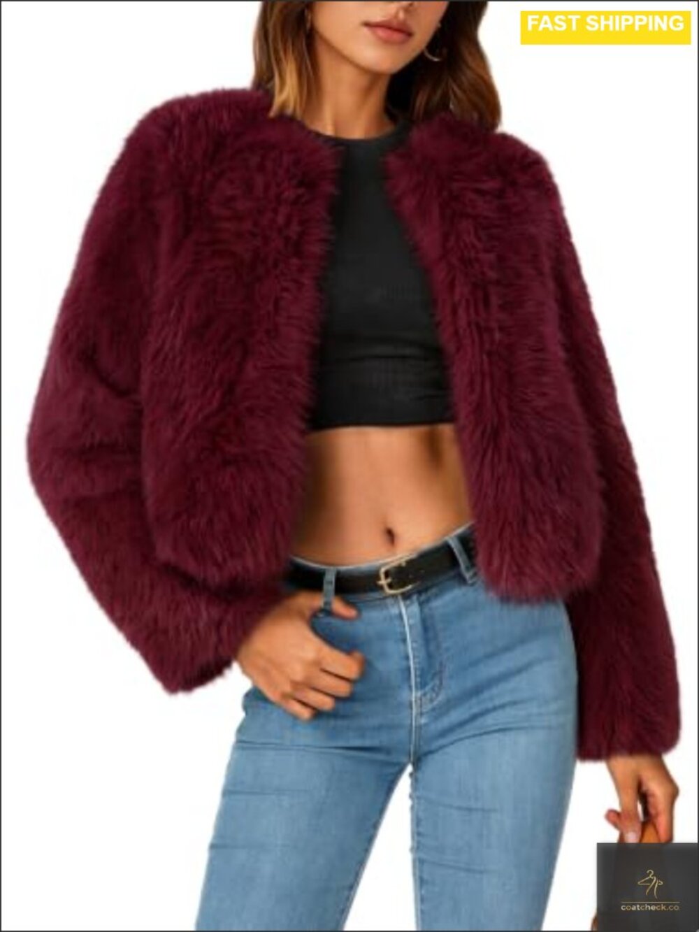 Women's Faux Fur Cropped Jacket Fluffy Winter Coat Hook Closure
